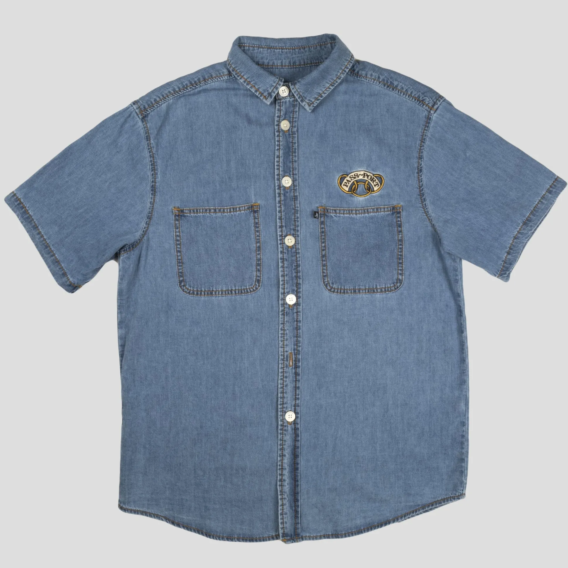PASS~PORT "COMMUNAL RINGS" DENIM S/S SHIRT WASHED LIGHT DENIM
