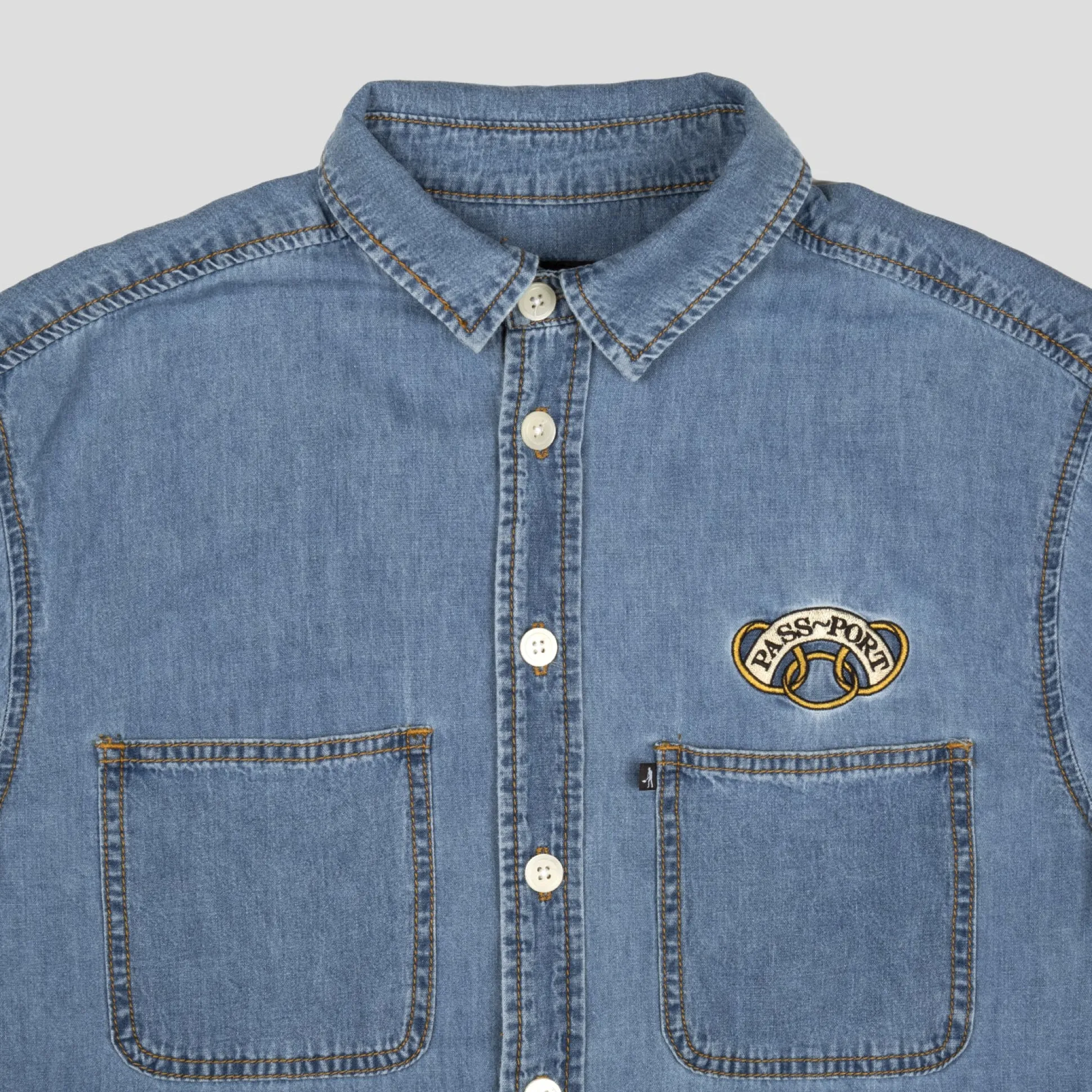 PASS~PORT "COMMUNAL RINGS" DENIM S/S SHIRT WASHED LIGHT DENIM