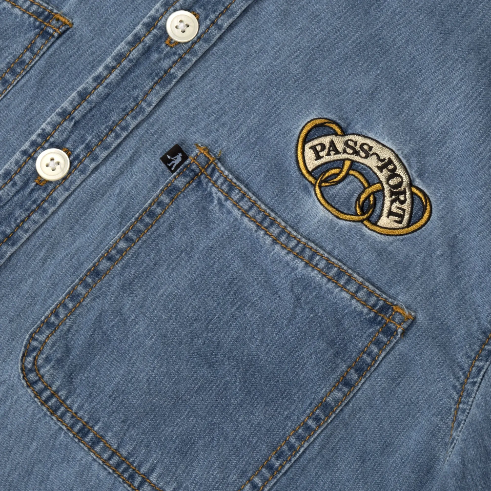 PASS~PORT "COMMUNAL RINGS" DENIM S/S SHIRT WASHED LIGHT DENIM