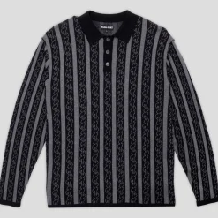 Pass~Port Pattoned Knit Polo Long Sleeve - Black