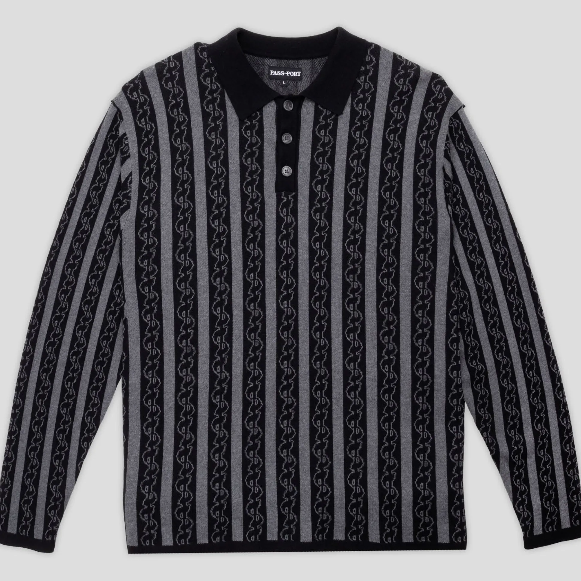 Pass~Port Pattoned Knit Polo Long Sleeve - Black