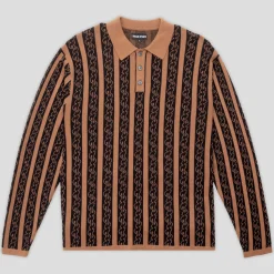 Pass~Port Pattoned Knit Polo Long Sleeve - Caramel