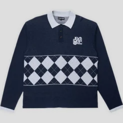 Pass~Port Tilde Stamp Knit Long-sleeve Polo - Navy