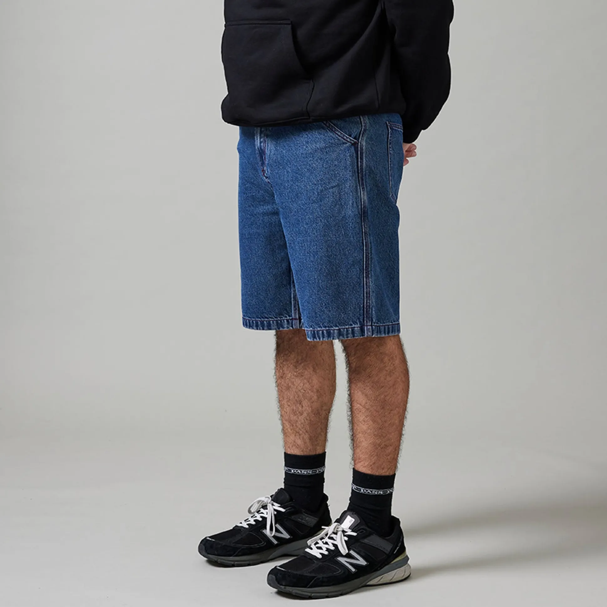 Pass~Port Workers Club Denim Short - Washed Dark Indigo / Maroon Stitc