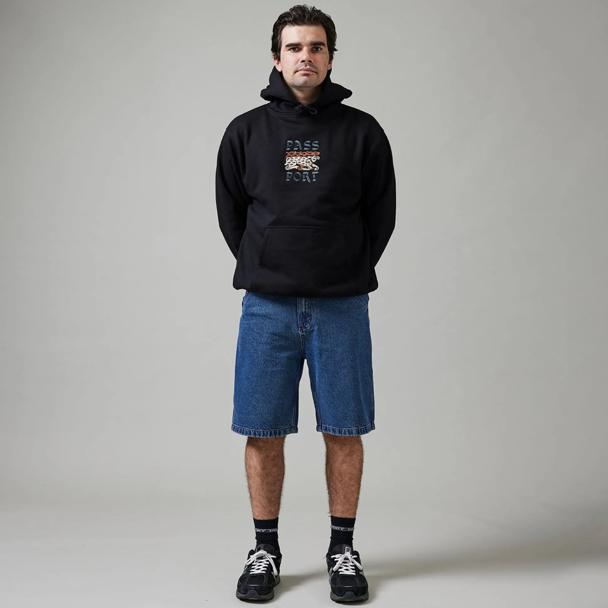 Pass~Port Workers Club Denim Short - Washed Dark Indigo / Maroon Stitc