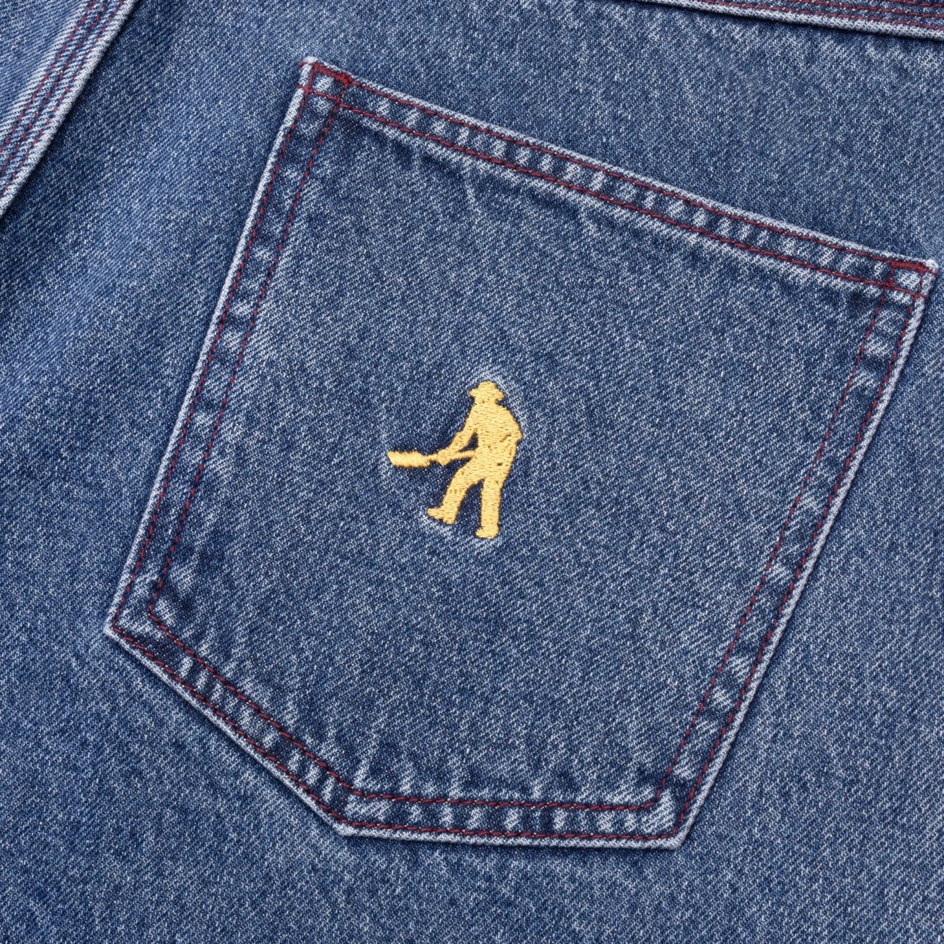 Pass~Port Workers Club Denim Short - Washed Dark Indigo / Maroon Stitc
