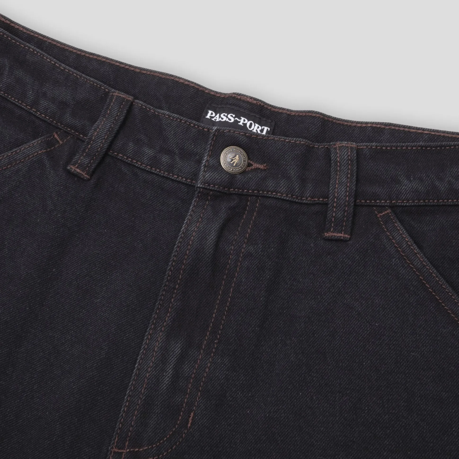 Pass~Port Workers Club Denim Jean Short - Washed Black / Brown Stitch